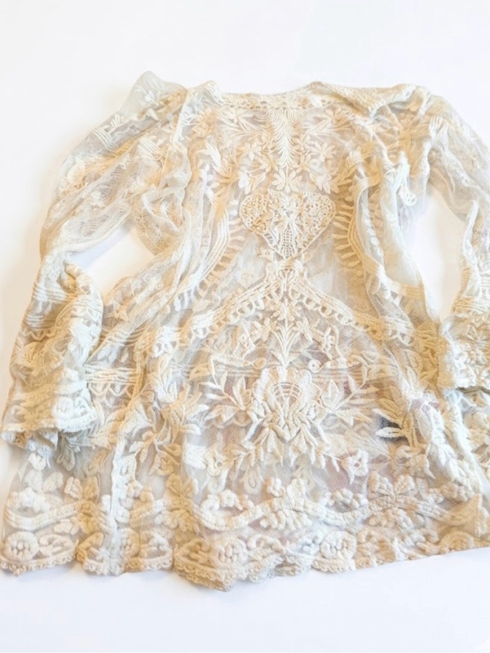 Bohemian Cottagecore Pol Sheer Hummingbird Lace Top Swim Cover-Up Layering Cream